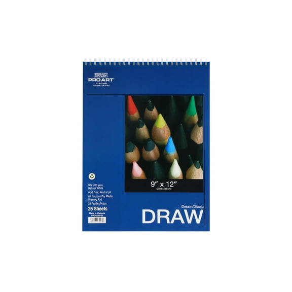 Pro Art Drawing Paper Pad 9 x 12 Inch, 80 lb 135 gsm Wire Bound Acid Free White Sulphite Paper for Pencil, Charcoal, Pastel, Ink and Mixed Media, 25 Sheets