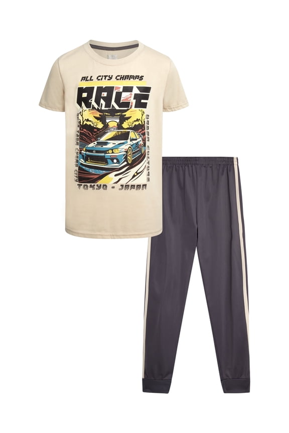 Boys Pants Set - 2 Piece Performance Graphic Tees and Tricot Jogger Sweatpants (8-16)