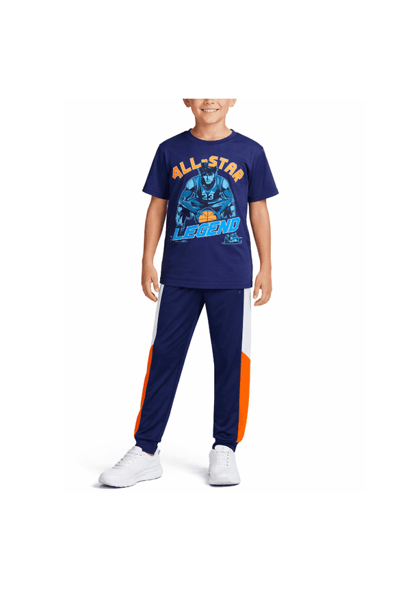 Boys Pants Set - 2 Piece Performance Graphic Tees and Tricot Jogger Sweatpants (8-16)
