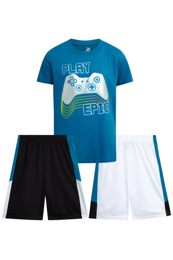Boys Shorts Sets - 3 Piece Athletic Graphic Tee and Dry Fit Shorts for Boys (8-16)