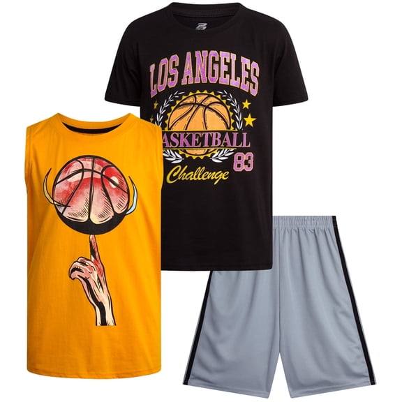 Pro Athlete Boys Active Shorts Set - 3 Piece Graphic Tees Tank Tops and Basketball Shorts (8-16)