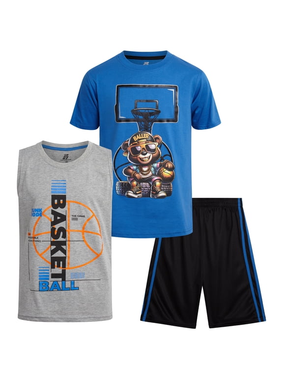Boys Active Shorts Set - 3 Piece Graphic Tees Tank Tops and Basketball Shorts (8-16)