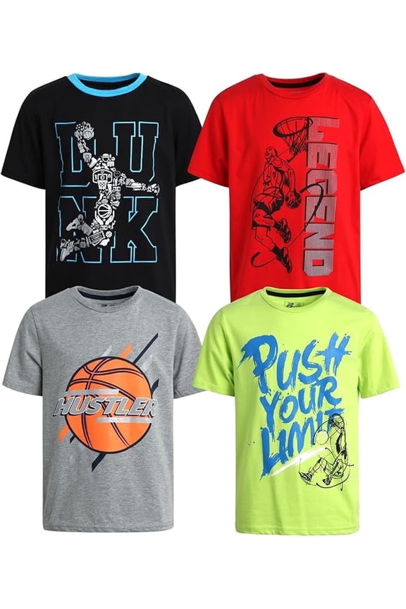 Boys Athletic Shirts - 4 Pack Active Performance Dry Fit Graphic Tee Shirts for Kids (5-16)