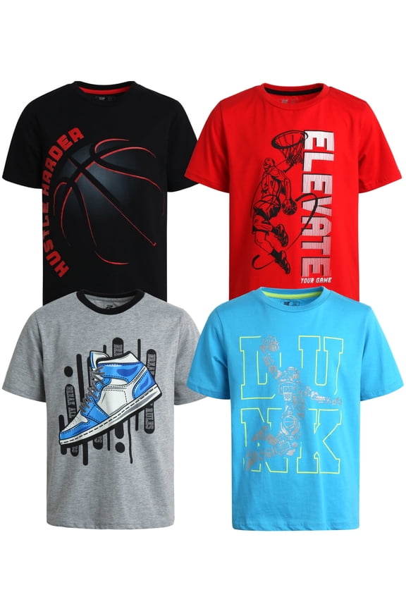 Boys Athletic Shirts - 4 Pack Active Performance Dry Fit Graphic Tee Shirts for Kids (5-16)