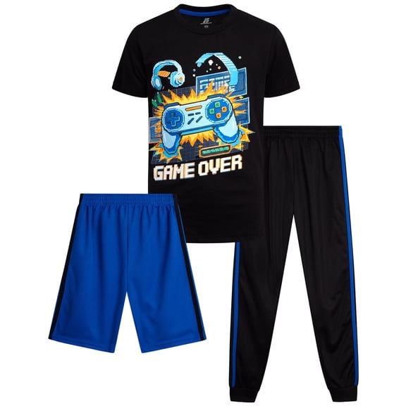 Pro Athlete Boys Pants Set - 3 Piece Graphic Tees Athletic Shorts and Jogger Sweatpants (8-16)