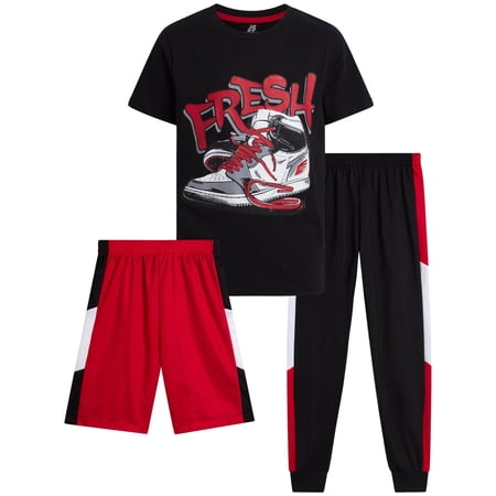 Pro Athlete Boys Pants Set 3 Piece Graphic Tees Athletic Shorts and Jogger Sweatpants 3 Piece Set