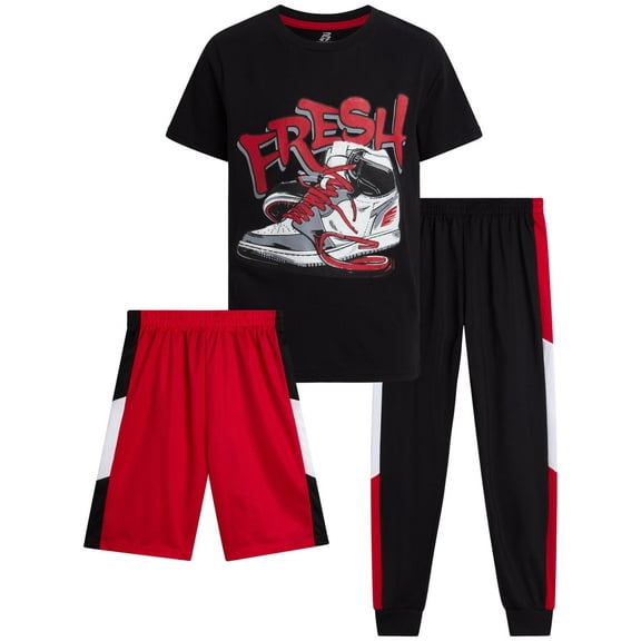 Pro Athlete Boys Pants Set - 3 Piece Graphic Tees Athletic Shorts and Jogger Sweatpants (8-16)