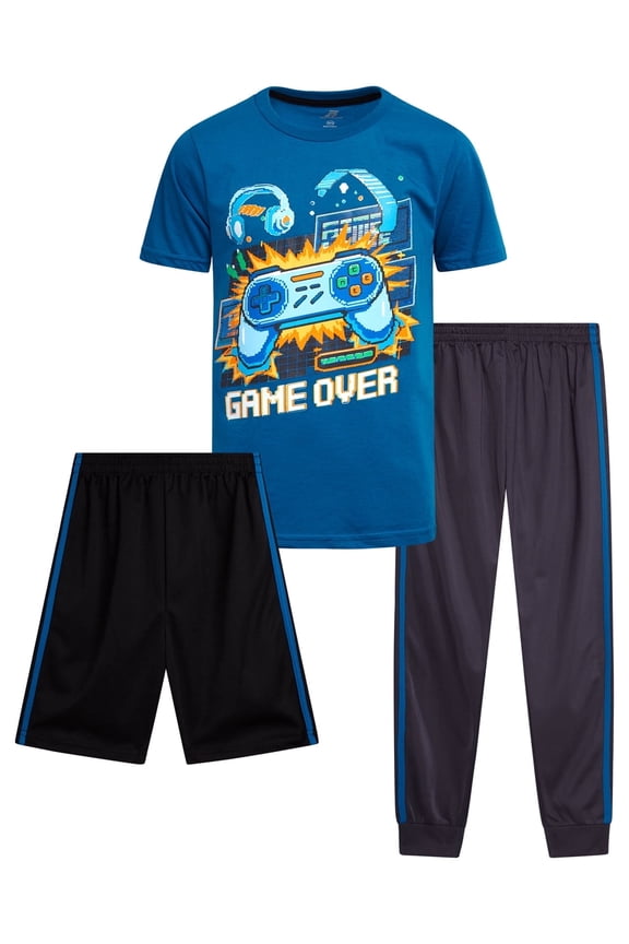 Boys Pants Set - 3 Piece Graphic Tees Athletic Shorts and Jogger Sweatpants (8-16)