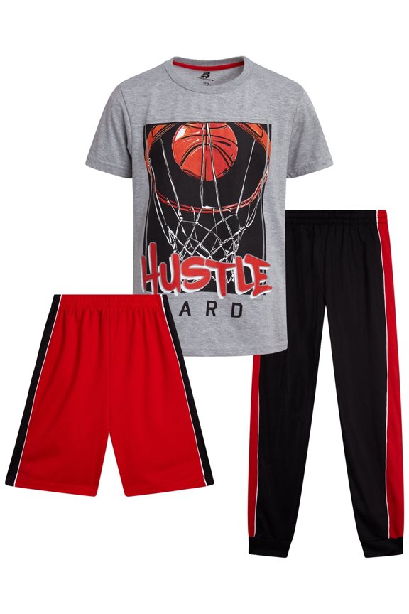 Boys Pants Set 3 Piece Graphic Tees Athletic Shorts and Jogger Sweatpants 3 Piece Set