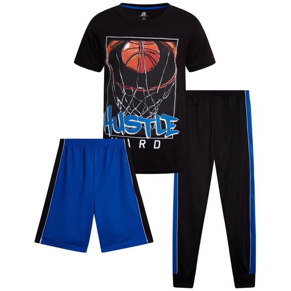 Pro Athlete Boys Pants Set - 3 Piece Graphic Tees Athletic Shorts and Jogger Sweatpants (8-16)