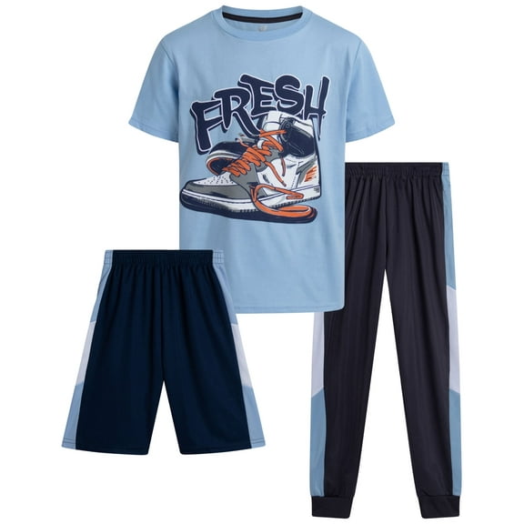 Pro Athlete Boys Pants Set - 3 Piece Graphic Tees Athletic Shorts and Jogger Sweatpants (8-16)