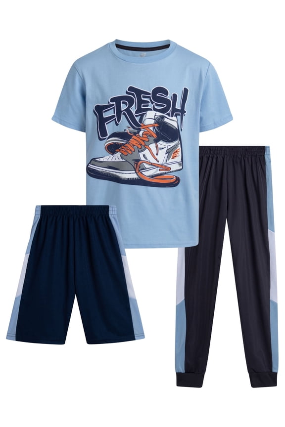 Boys Pants Set 3 Piece Graphic Tees Athletic Shorts and Jogger Sweatpants 3 Piece Set