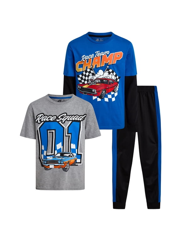 Boys Tracksuit Set - 3 Piece Tricot Jogger Pants Graphic Tee & Two Fer Shirt (8-16)