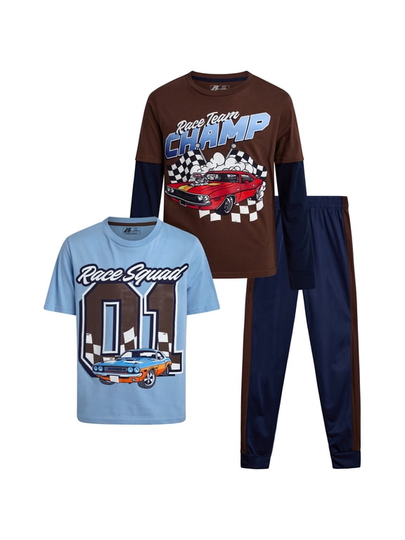 Boys Tracksuit Set - 3 Piece Tricot Jogger Pants Graphic Tee & Two Fer Shirt (8-16)