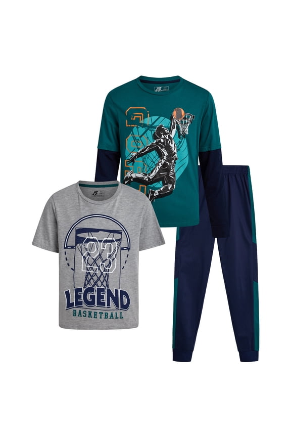 Boys Tracksuit Set - 3 Piece Tricot Jogger Pants Graphic Tee & Two Fer Shirt (8-16)