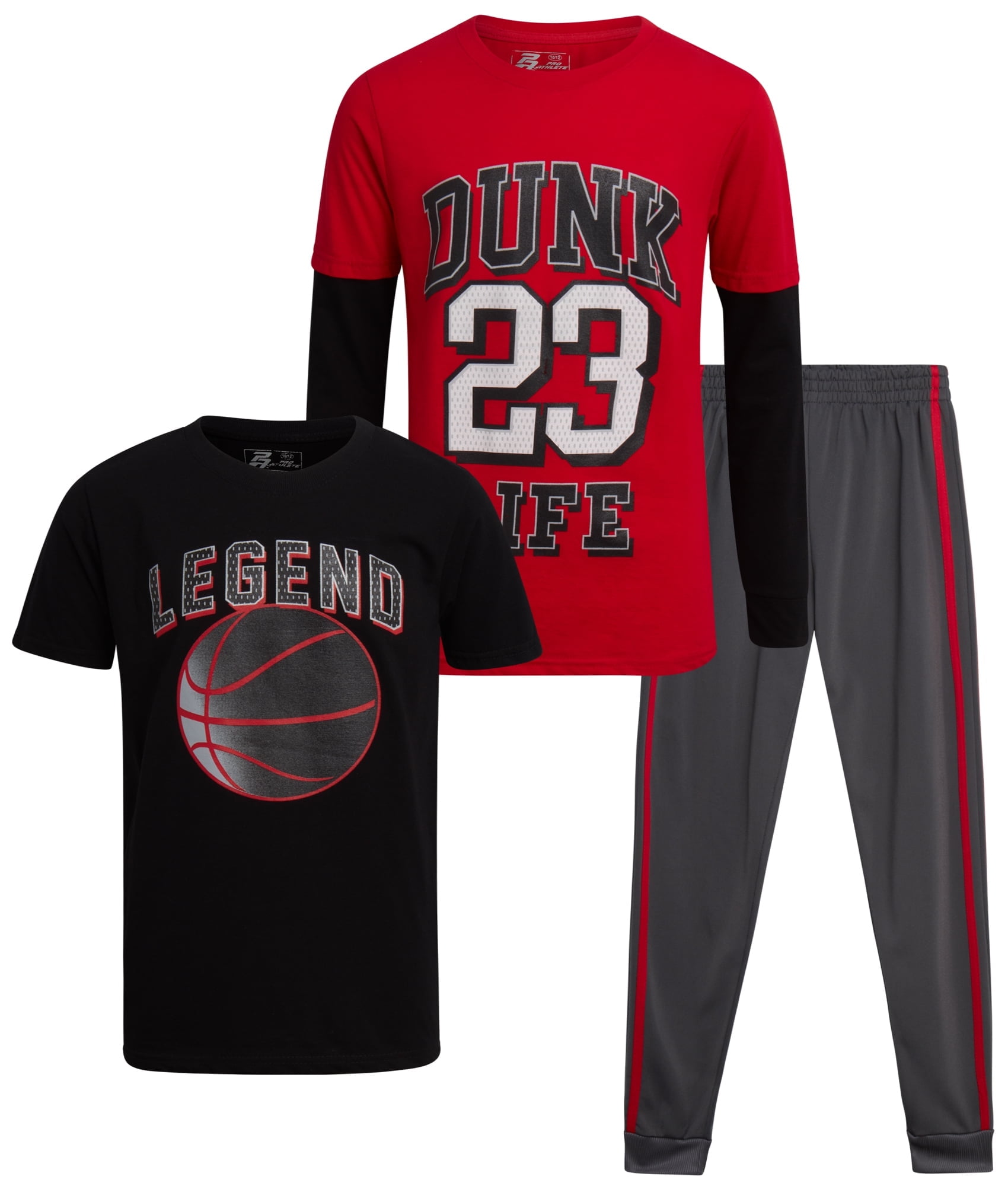 Pro Athlete Boys' Jogger Set - 3 Piece T-Shirt, Long Sleeve Tee and Tricot Jogger Pants for Boys (8-16)