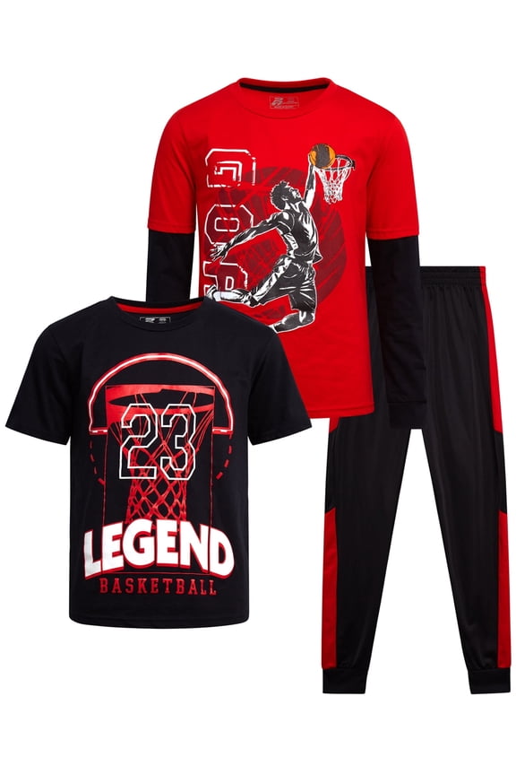 Boys Tracksuit Set - 3 Piece Tricot Jogger Pants Graphic Tee & Two Fer Shirt (8-16)