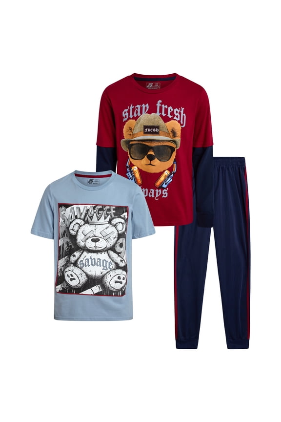Boys Tracksuit Set - 3 Piece Tricot Jogger Pants Graphic Tee & Two Fer Shirt (8-16)