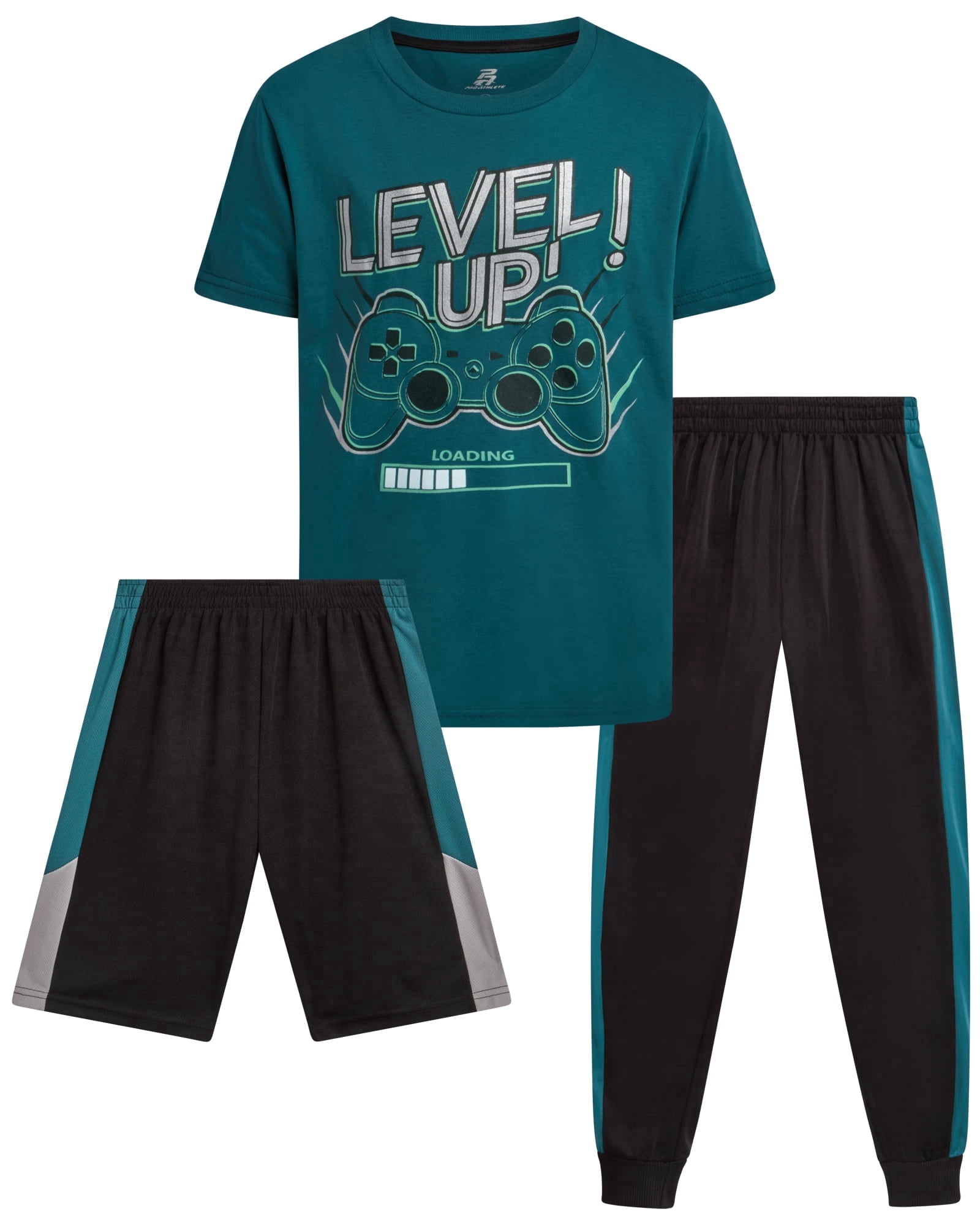Boys Pants Set 3 Piece Graphic Tees Athletic Shorts and Jogger Sweatpants 3 Piece Set