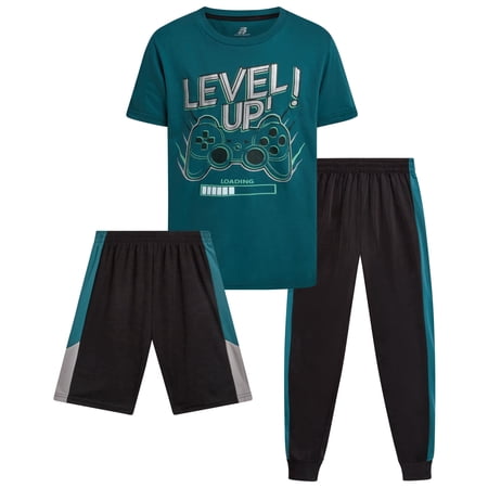 Pro Athlete Boys Pants Set 3 Piece Graphic Tees Athletic Shorts and Jogger Sweatpants 3 Piece Set