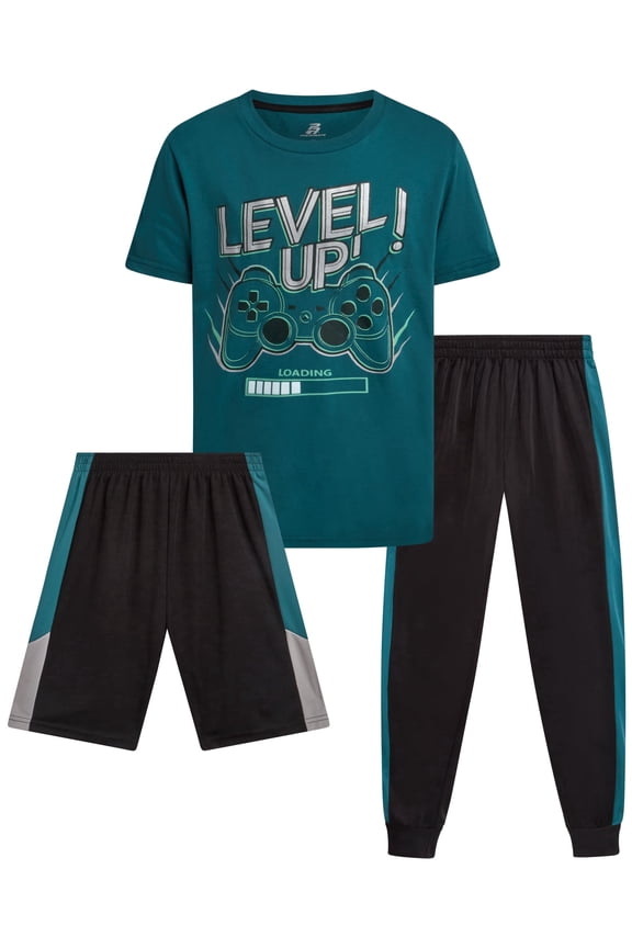 Boys Pants Set 3 Piece Graphic Tees Athletic Shorts and Jogger Sweatpants 3 Piece Set