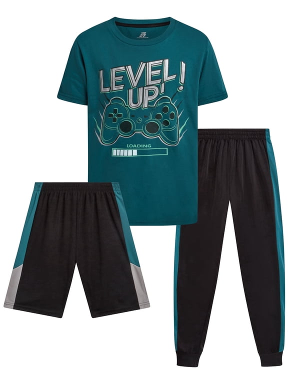 Boys Pants Set 3 Piece Graphic Tees Athletic Shorts and Jogger Sweatpants 3 Piece Set