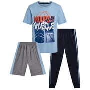 Pro Athlete Boys Pants Set 3 Piece Graphic Tees Athletic Shorts and Jogger Sweatpants 3 Piece Set