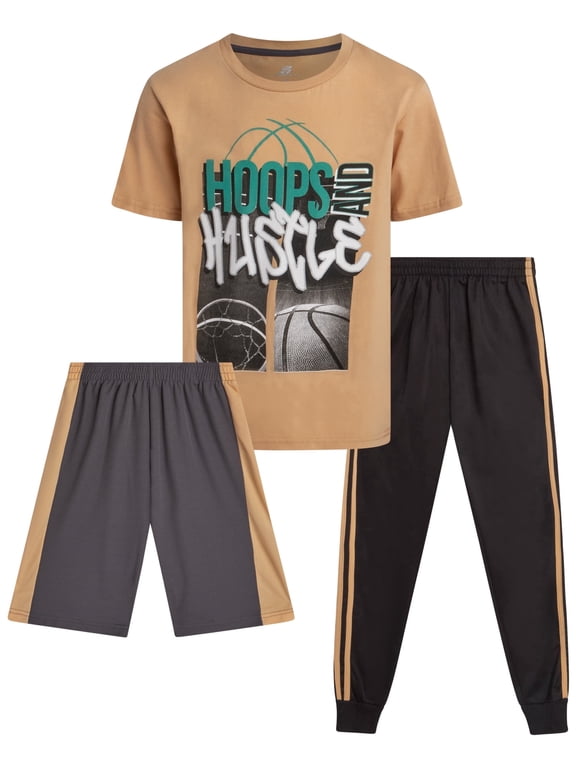 Boys Pants Set 3 Piece Graphic Tees Athletic Shorts and Jogger Sweatpants 3 Piece Set