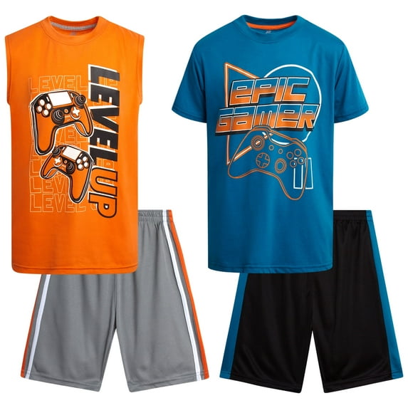 Pro Athlete Boys Short Sets - 4 Piece Graphic Tees and Tank Tops with Matching Athletic Shorts (8-16)