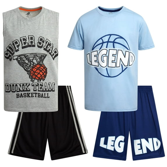 Pro Athlete Boys Short Sets - 4 Piece Graphic Tees and Tank Tops with Matching Athletic Shorts (8-16)