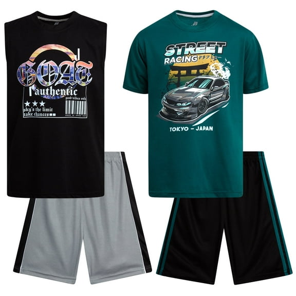 Pro Athlete Boys Short Sets - 4 Piece Graphic Tees and Tank Tops with Matching Athletic Shorts (8-16)