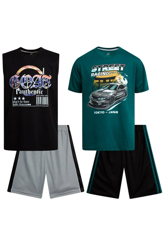 Boys Short Sets - 4 Piece Graphic Tees and Tank Tops with Matching Athletic Shorts (8-16)