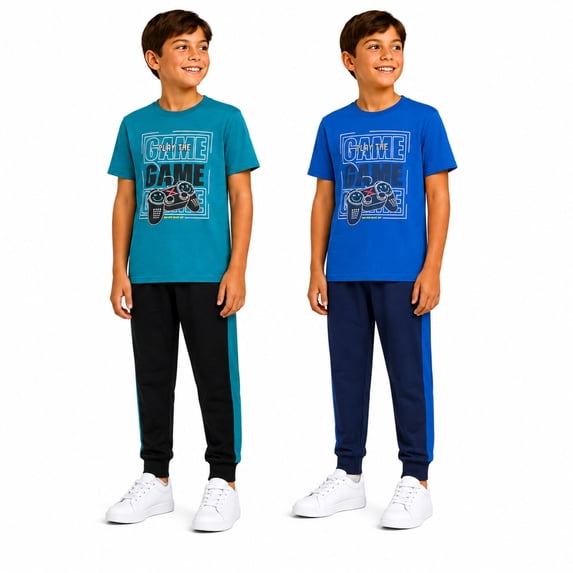 Pro Athlete Boys Sweatsuit Set Short Sleeve Crewneck Graphic Tees & Tricot Jogger Sweatpants 4 Piece