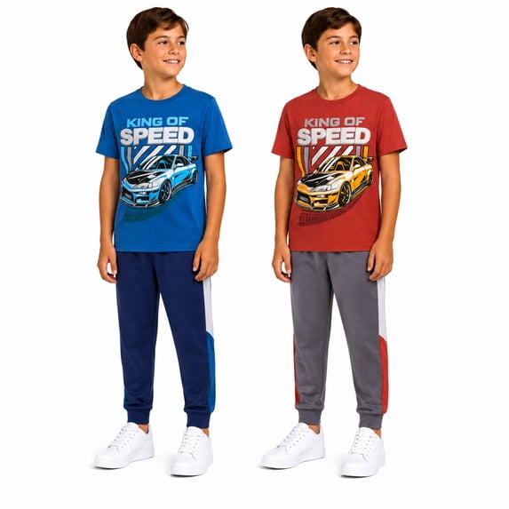 Pro Athlete Boys Sweatsuit Set Short Sleeve Crewneck Graphic Tees & Tricot Jogger Sweatpants 4 Piece