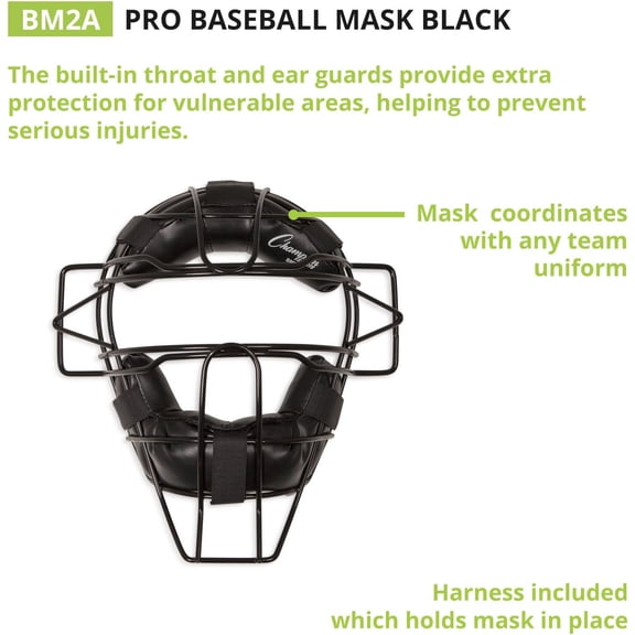 Pro Baseball Adult Mask - Umpires and Catchers - Extra Protection - Extended Guards - Adjustable Harness Baseball Mask - Adult Size, Black