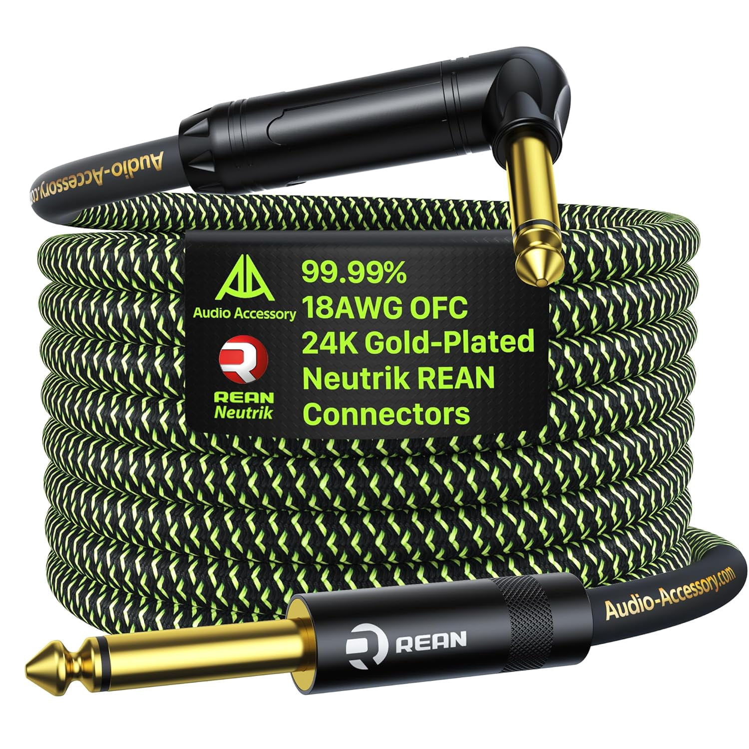 Pro Bass Guitar Cable 10ft Right Angle, Gold-Plated Neutrik REAN Connector, 99.99% 18AWG OFC, Kevlar-Reinforced 1/4 Inch Instrument Cable for Fender Combo Amp Rumble Frontman Mustang Marshall Spark