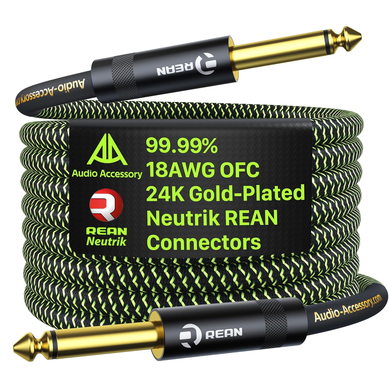 Pro Bass Guitar Cable 20 ft, Gold-Plated Neutrik REAN Connector, 18 AWG OFC, Braided 1/4 Inch Instrument Cable for Fender Electric Bass Guitar Combo Amp Rumble Marshall, Straight, Neon Green/Black