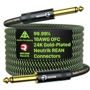 Pro Bass Guitar Cable 20 ft, Gold-Plated Neutrik REAN Connector, 18 AWG OFC, Braided 1/4 Inch Instrument Cable for Fender Electric Bass Guitar Combo Amp Rumble Marshall, Straight, Neon Green/Black