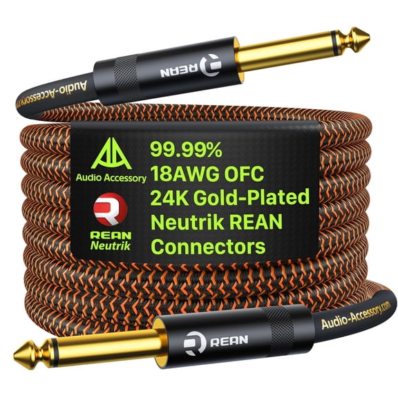 Pro Bass Guitar Cable 25 ft, Gold-Plated Neutrik REAN Connector, 18 AWG OFC, Braided 1/4 Inch Instrument Cable for Fender Electric Bass Guitar Combo Amp Rumble Marshall, Straight, Neon Orange/Black