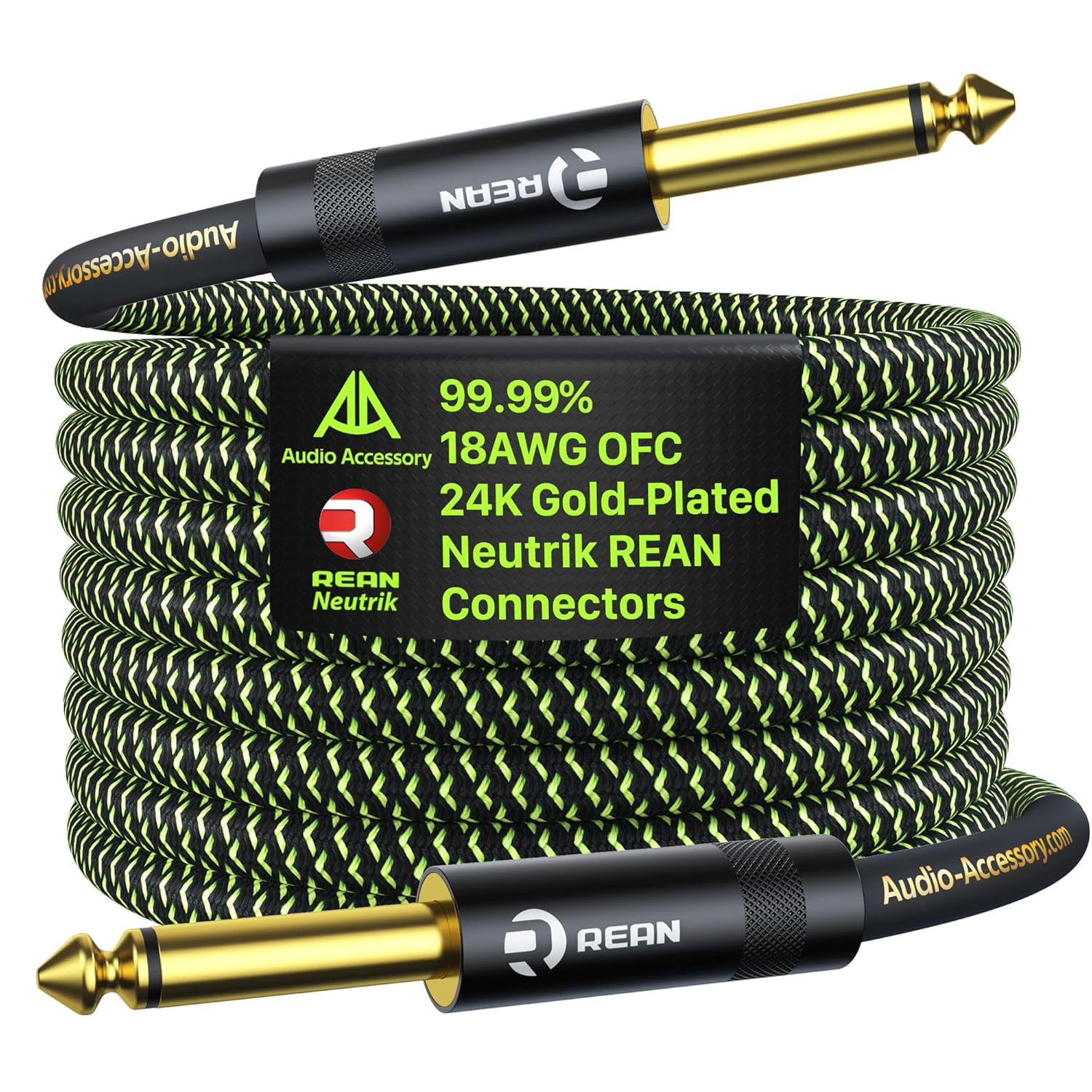 Pro Bass Guitar Cable 25ft, Gold-Plated Neutrik REAN Connector, 99.99% 18AWG OFC, Kevlar-Reinforced 1/4 Inch Instrument Cable for Fender Combo Amp Rumble Frontman Mustang Marshall Spark