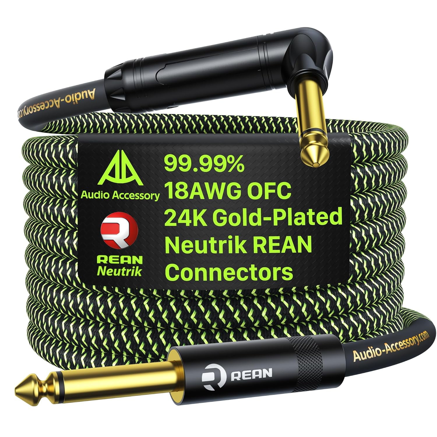 Pro Bass Guitar Cable 50 ft, Gold-Plated Neutrik REAN Connector, 18 AWG OFC, Braided 1/4 Inch Instrument Cable for Fender Electric Bass Guitar Combo Amp Rumble Marshall, Right Angle, Neon Green/Black