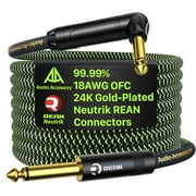 Pro Bass Guitar Cable 50 ft, Gold-Plated Neutrik REAN Connector, 18 AWG OFC, Braided 1/4 Inch Instrument Cable for Fender Electric Bass Guitar Combo Amp Rumble Marshall, Right Angle, Neon Green/Black