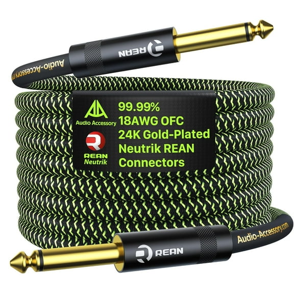 Pro Bass Guitar Cable 6ft, Gold-Plated Neutrik REAN Connector, 99.99% 18AWG OFC, Kevlar-Reinforced 1/4 Inch Instrument Cable for Fender Combo Amp Rumble Frontman Mustang Marshall Spark