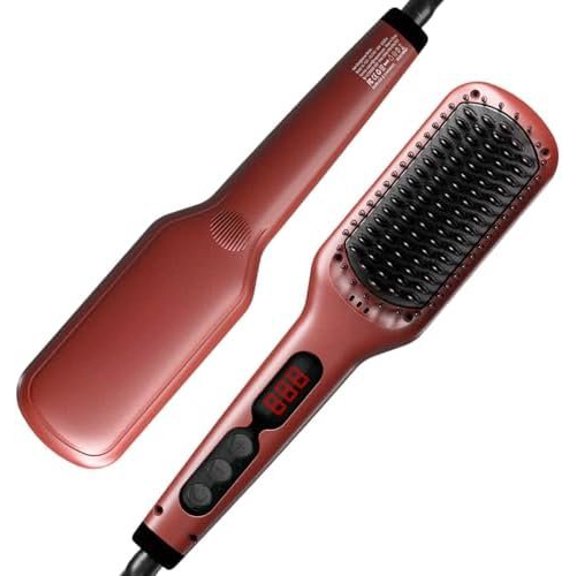 Pro Ceramic Ionic Hair Straightener Brush - 20s Heating, Auto-Off, Anti-Scald, Dual , Rotatable Power Cord - Salon Styling (Tomato Red)