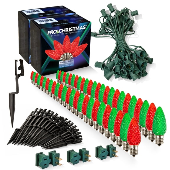 Christmas Designers C9 LED Christmas Light Kit, 25 Red & 25 Green Bulbs, 50' Green Wire, 12" Spacing, 7.5" Pathway Stakes
