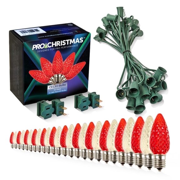Pro Christmas C9 LED Light Kit – 25 ft, 13 Warm White and 12 Red Bulbs, 12" Spacing, DIY Cut-to-Length, Green Wire with Vampire Plugs for Rooflines & Pathways