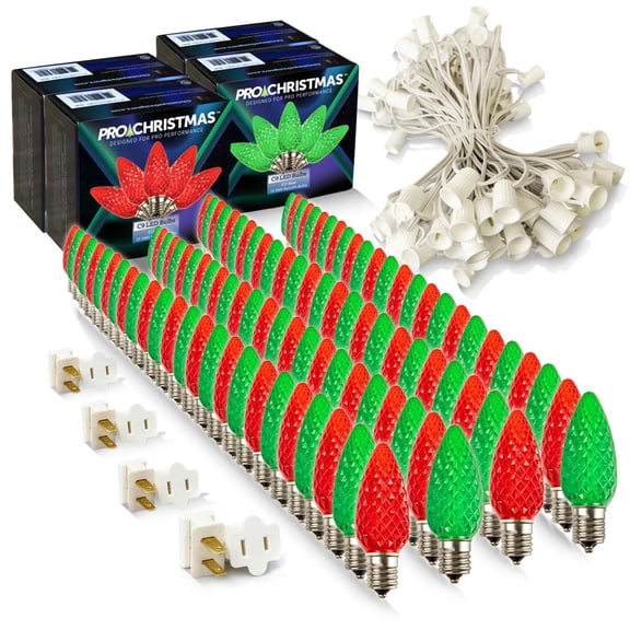 Christmas Designers C9 LED Christmas Light Kit, 50 Red & 50 Green Bulbs, 100' White Wire, 12" Spacing