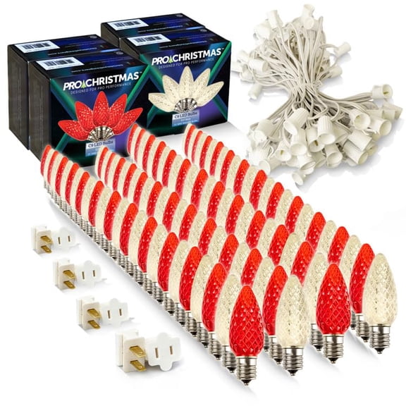Christmas Designers C9 LED Christmas Light Kit, 50 Warm White & 50 Red Bulbs, 100' White Wire, 12" Spacing