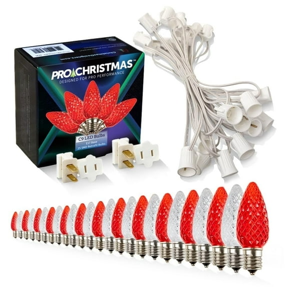 Pro Christmas C9 LED Christmas Light Kit 25ft 25 Pure White and Red Bulbs 12in Spacing White Wire