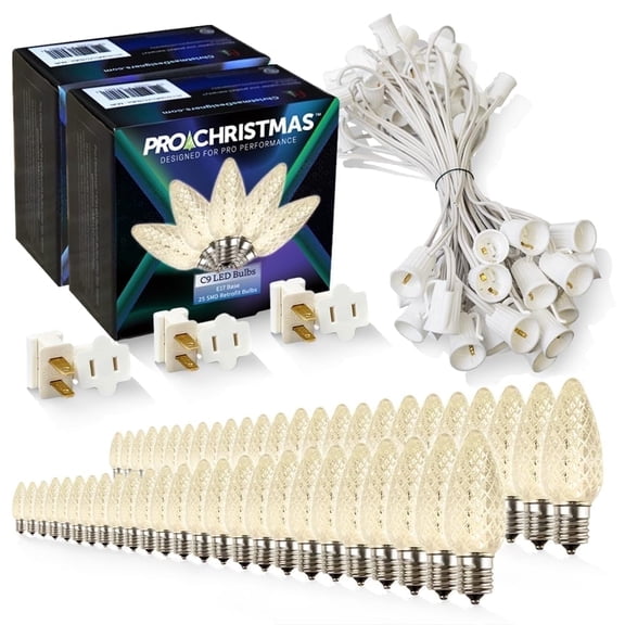 Pro Christmas C9 LED Christmas Light Kit 50ft 50 Warm White Bulbs 12in Spacing White Wire